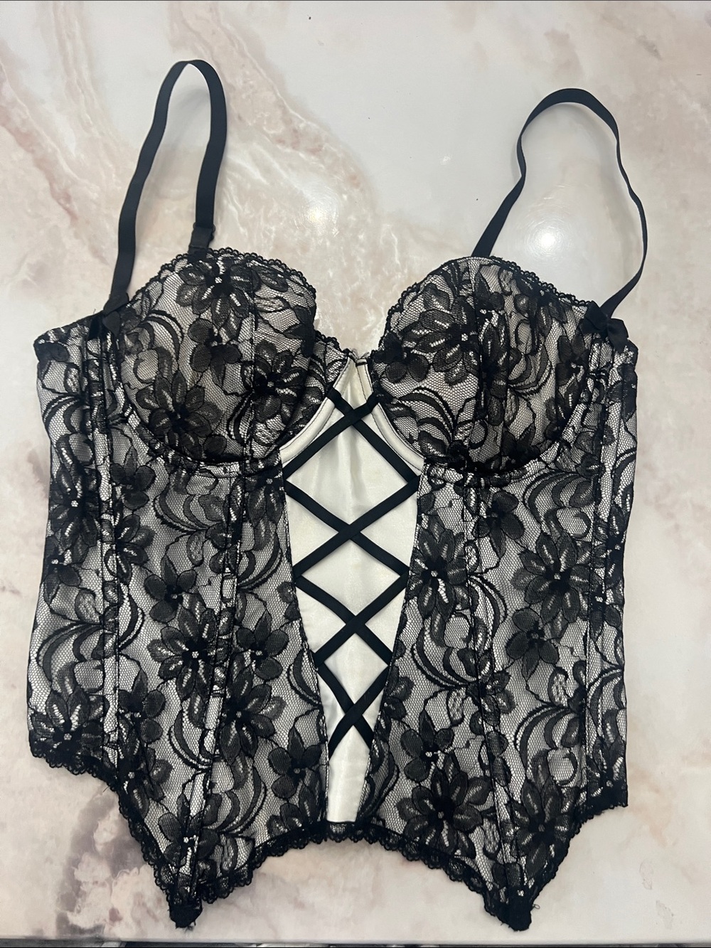 Frederick's of Hollywood Black Lace Bustier with Crisscross Front